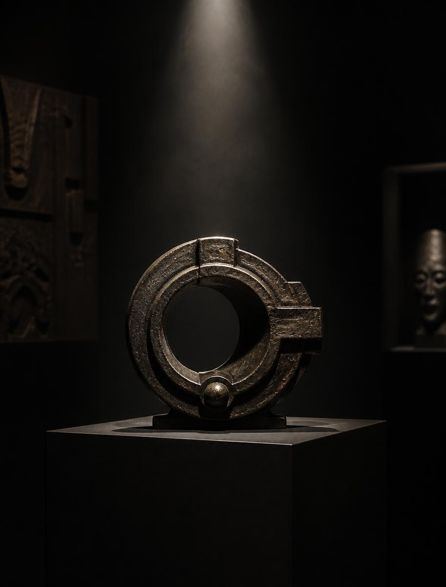 Numbered limited-edition collectible sculpture lit on a black plinth in a dark gallery