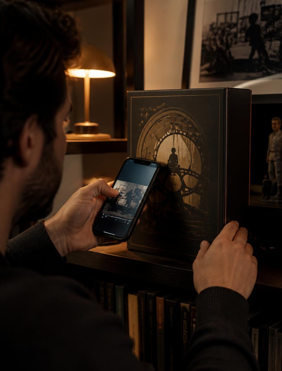 Collector tapping a phone against a boxed limited edition to open behind-the-scenes content