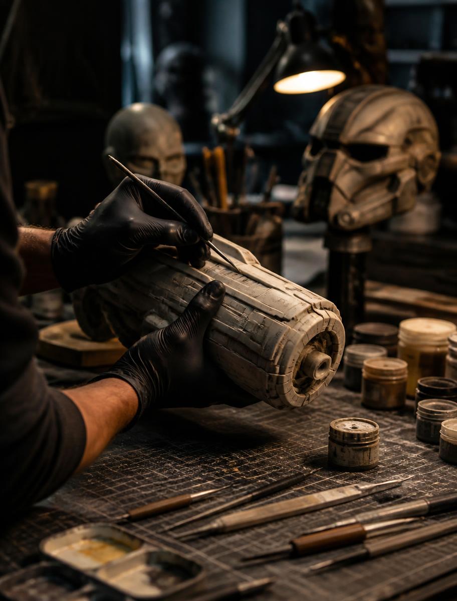 Prop maker hand-finishing a resin film prop at a studio workshop bench