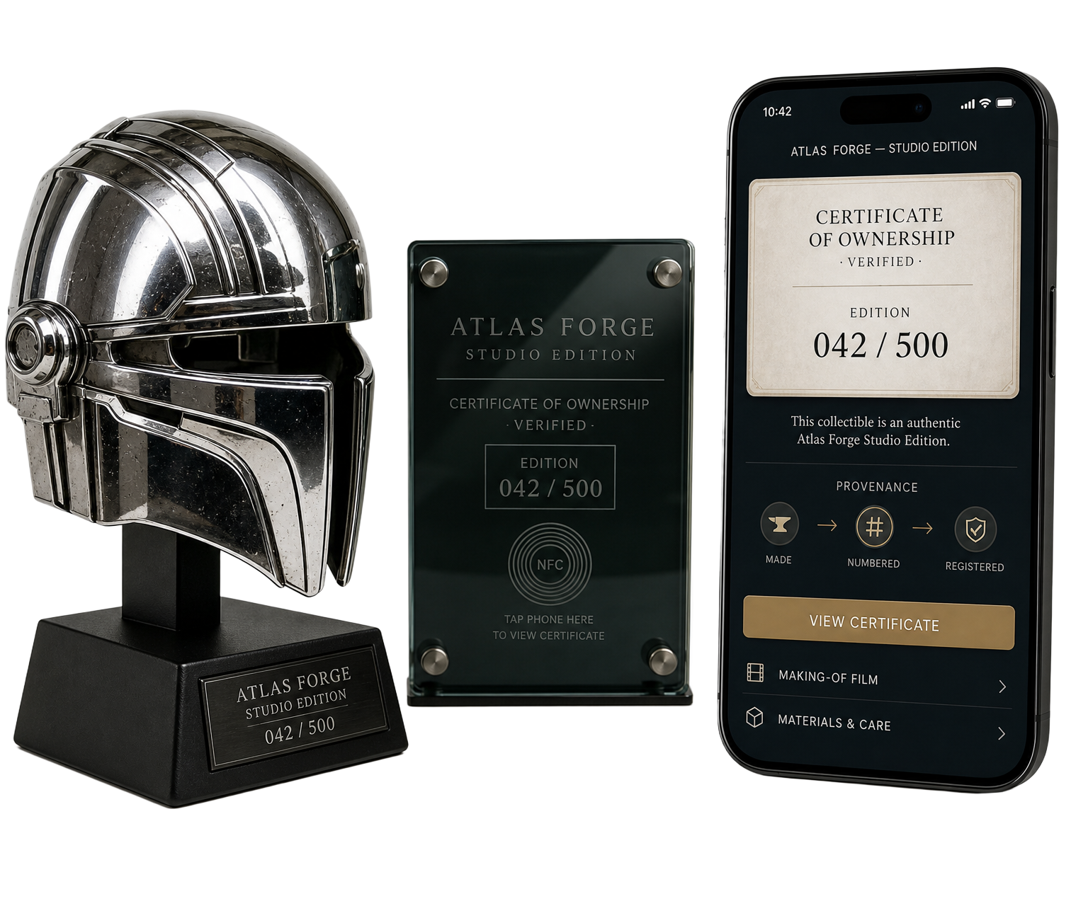 Limited edition film collectible with a numbered certificate plaque beside a phone showing a verified certificate of ownership