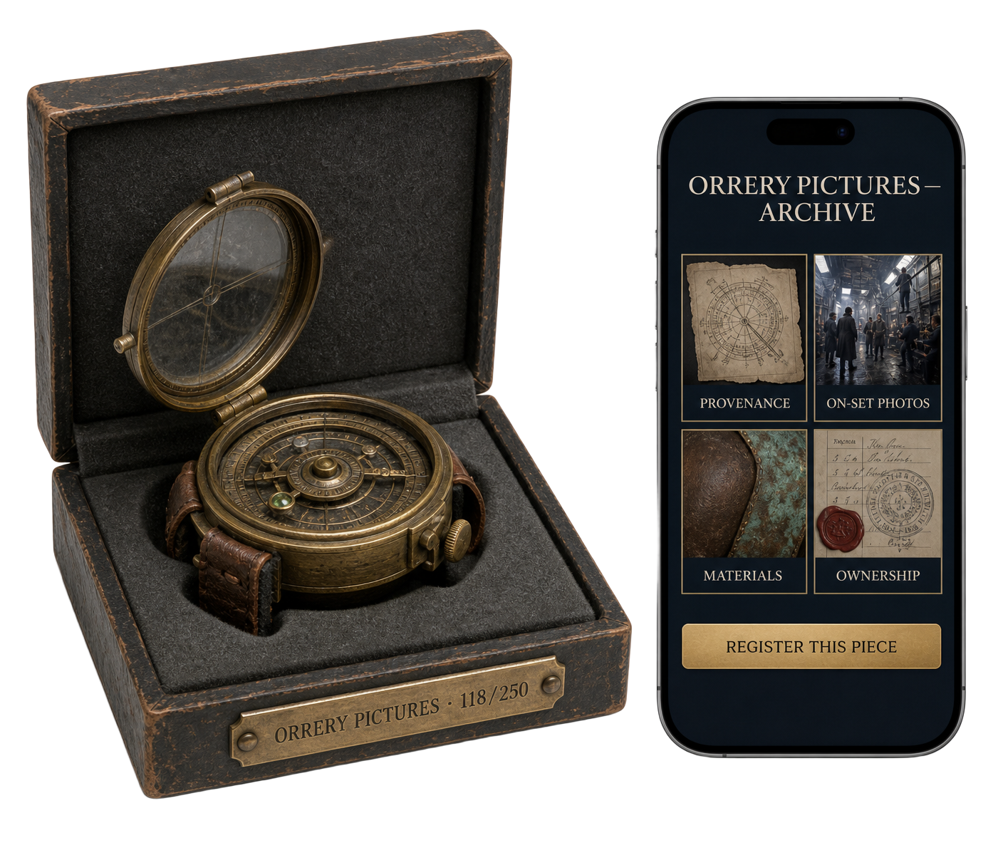 Boxed film prop with a numbered plate beside a provenance portal showing on-set photos and ownership