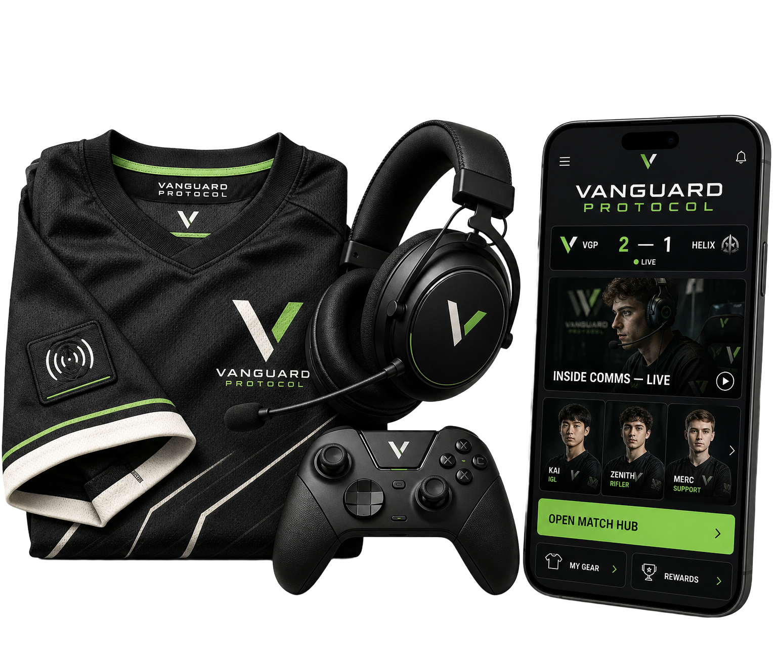 Vanguard Protocol connected esports jersey, headset and controller beside a live team portal