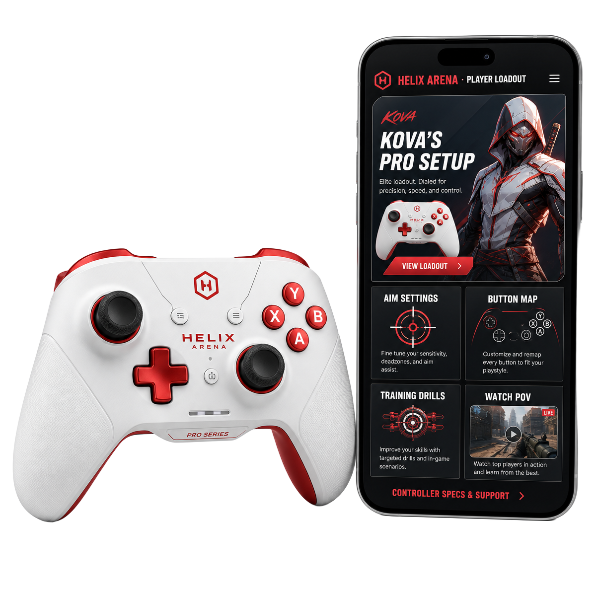 Helix Arena controller beside a player loadout portal