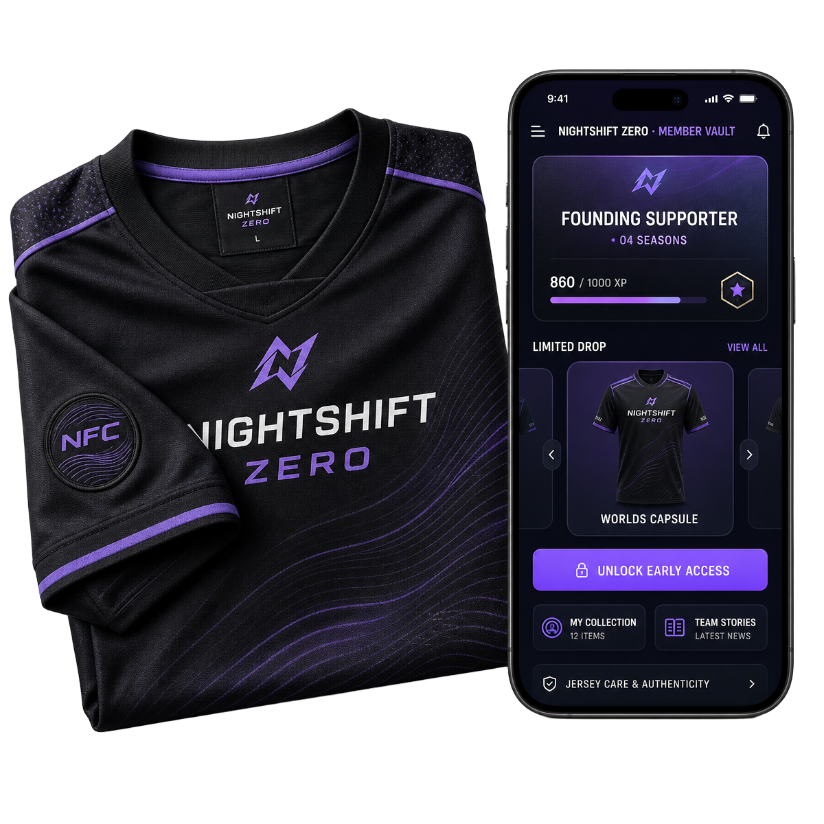 Nightshift Zero connected team jersey and supporter identity portal