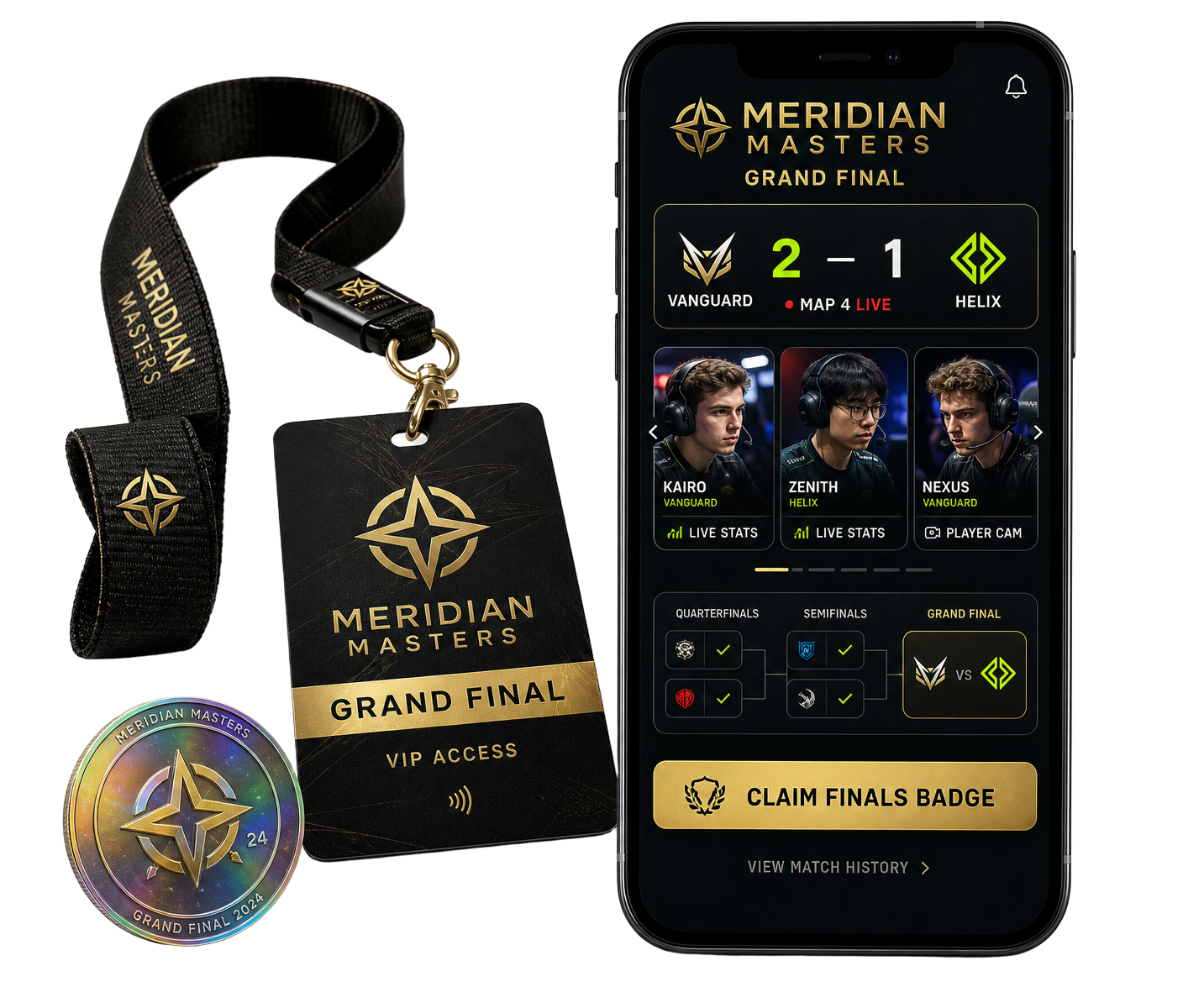 Meridian Masters credential and finals portal with live score, player content, bracket and collectible reward