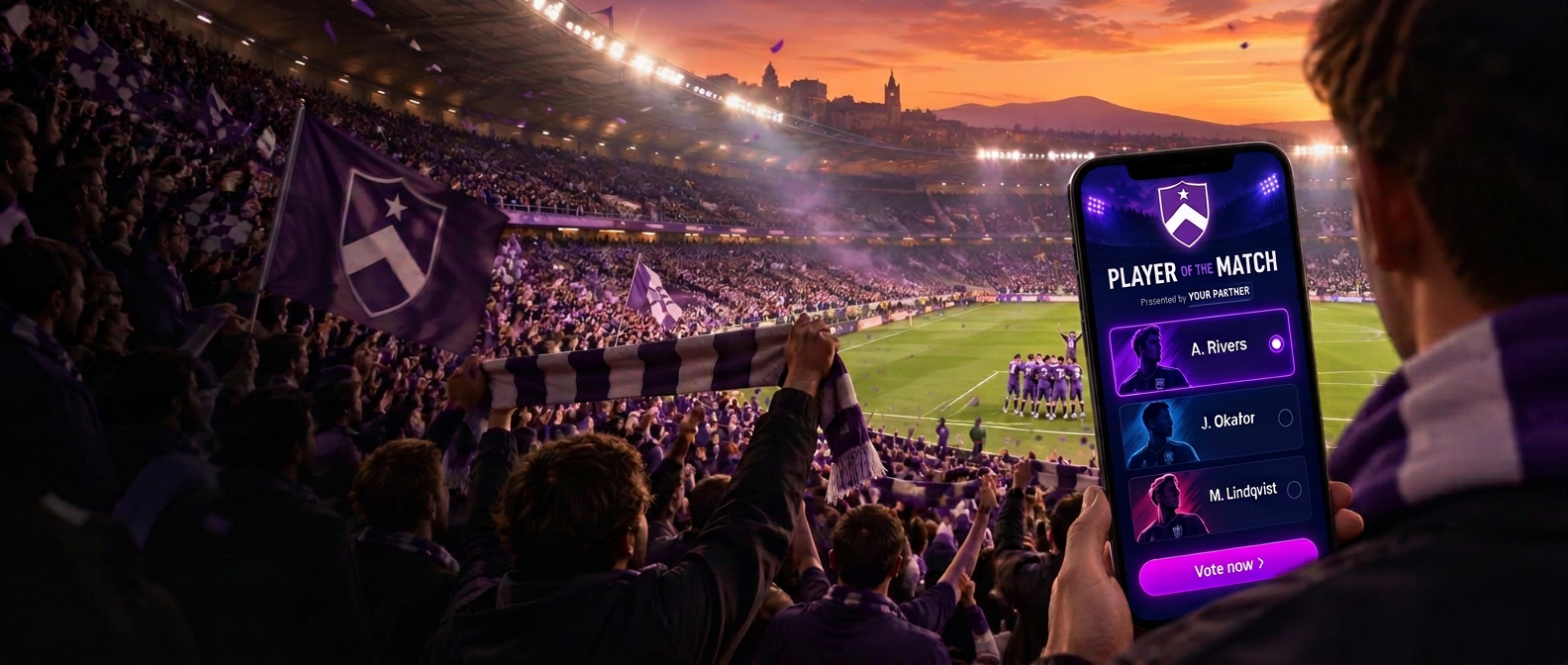 At full time the crowd celebrates with scarves raised, while one supporter holds a phone showing a premium Player of the Match vote presented by Your Partner