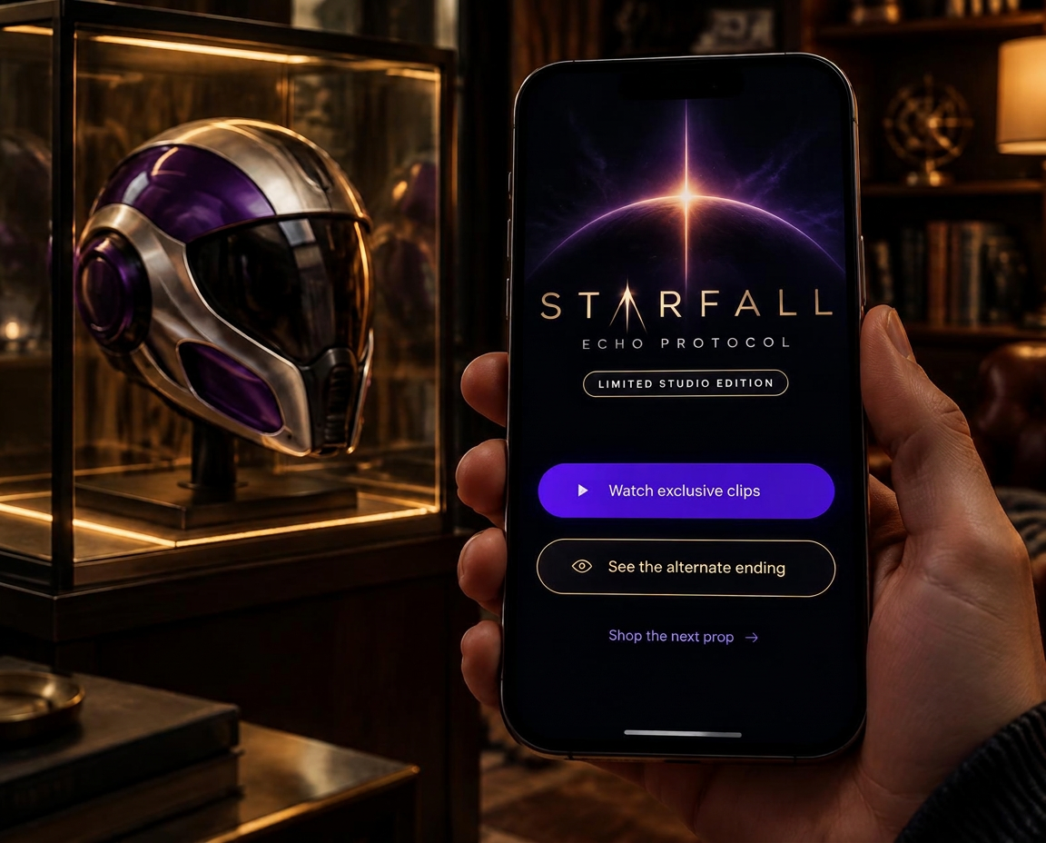 A collector holding a phone beside a glass display case holding a chrome and violet film helmet prop, the screen showing a Starfall: Echo Protocol portal with a Limited Studio Edition badge