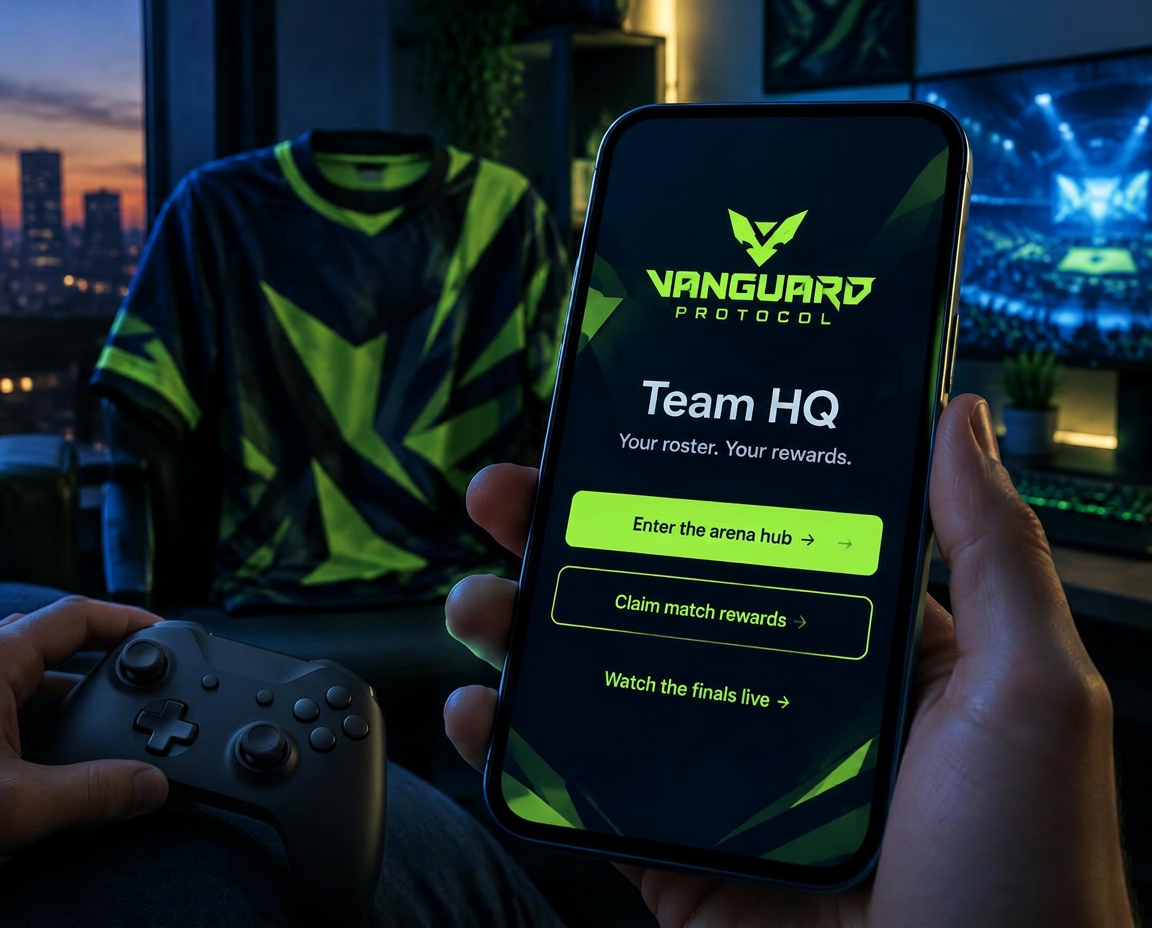 A supporter holding a phone above a gaming controller and team jersey, the screen showing a Vanguard Protocol Team HQ portal with buttons to enter the arena hub, claim match rewards and watch the finals live