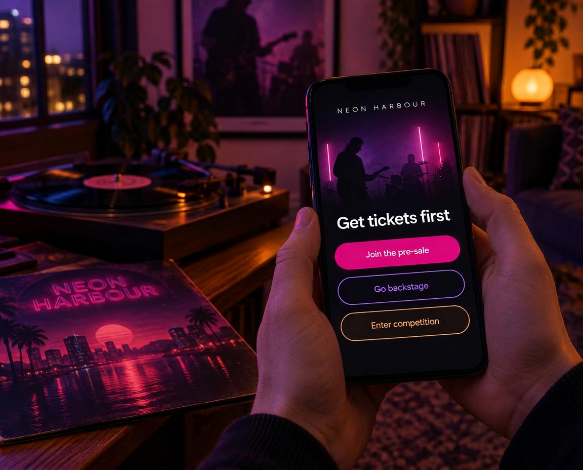 A fan holding a phone above a spinning record, the screen showing a Neon Harbour portal reading Get tickets first with buttons to join the pre-sale, go backstage and enter a competition