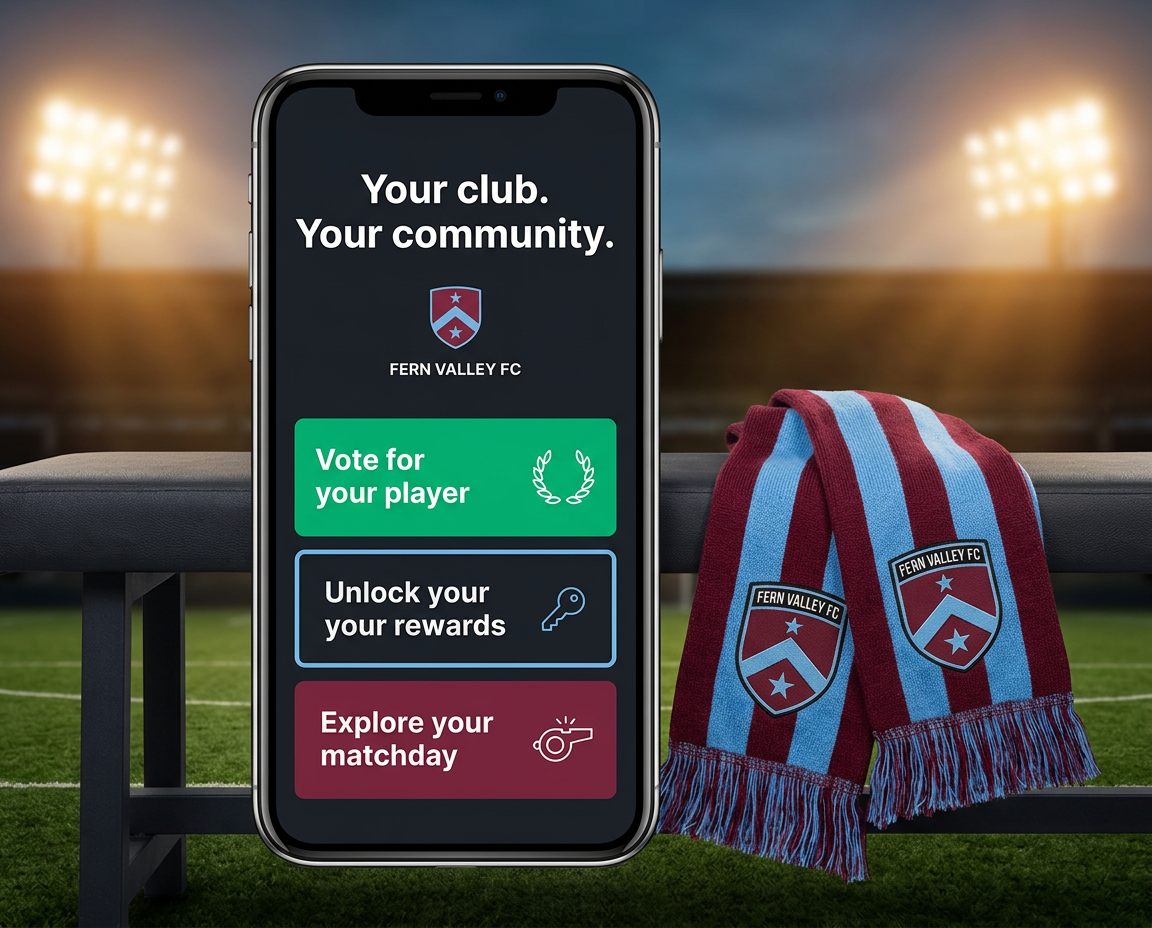 A blue and burgundy supporter scarf beside a large club portal with player voting, rewards and matchday experiences