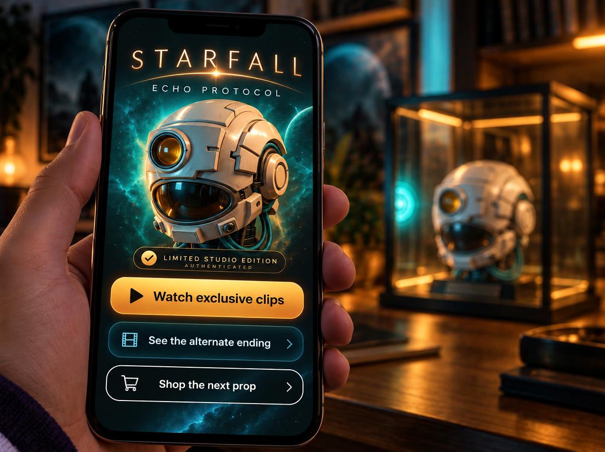 A large readable Your prop collection portal beside an original white science-fiction helmet with a circular amber lens, offering Exclusive clips, Alternate endings and Shop more props