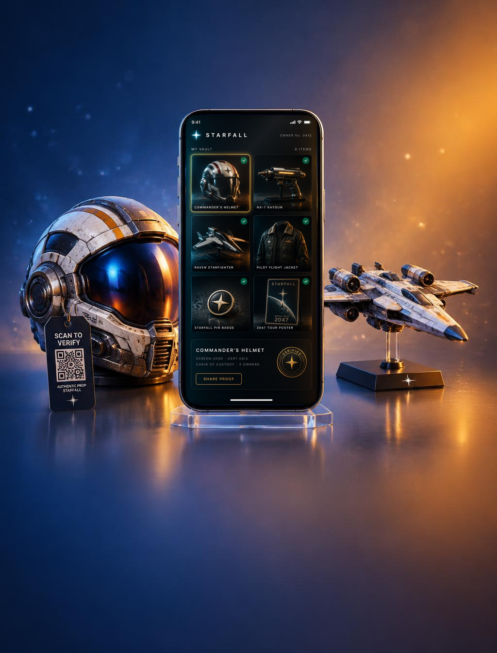 A phone on a clear stand shows the Starfall collector's vault: a wall of six owned item cards with a gold Verified seal, chain of custody and a Share proof chip, beside a science-fiction helmet prop with a Scan to Verify tag and a small spaceship model