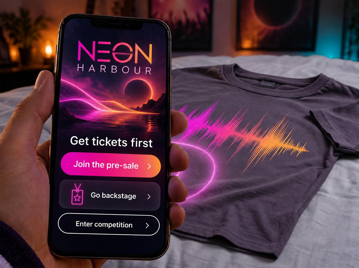 At home, a hand holds a large readable Get tickets first portal over a music T-shirt laid on a bed, with Go backstage, Enter competition and Join the pre-sale buttons