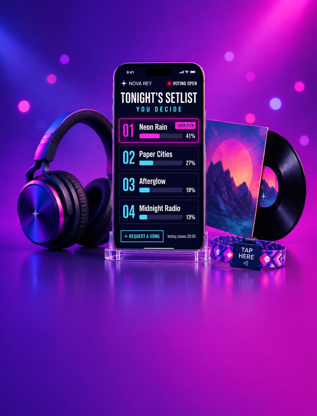A phone on a clear stand shows the Nova Rey music fan app with tonight’s setlist voting — four numbered songs with vote percentages, your pick highlighted and a request a song action — beside headphones, a vinyl record and a festival wristband with a Tap Here tag
