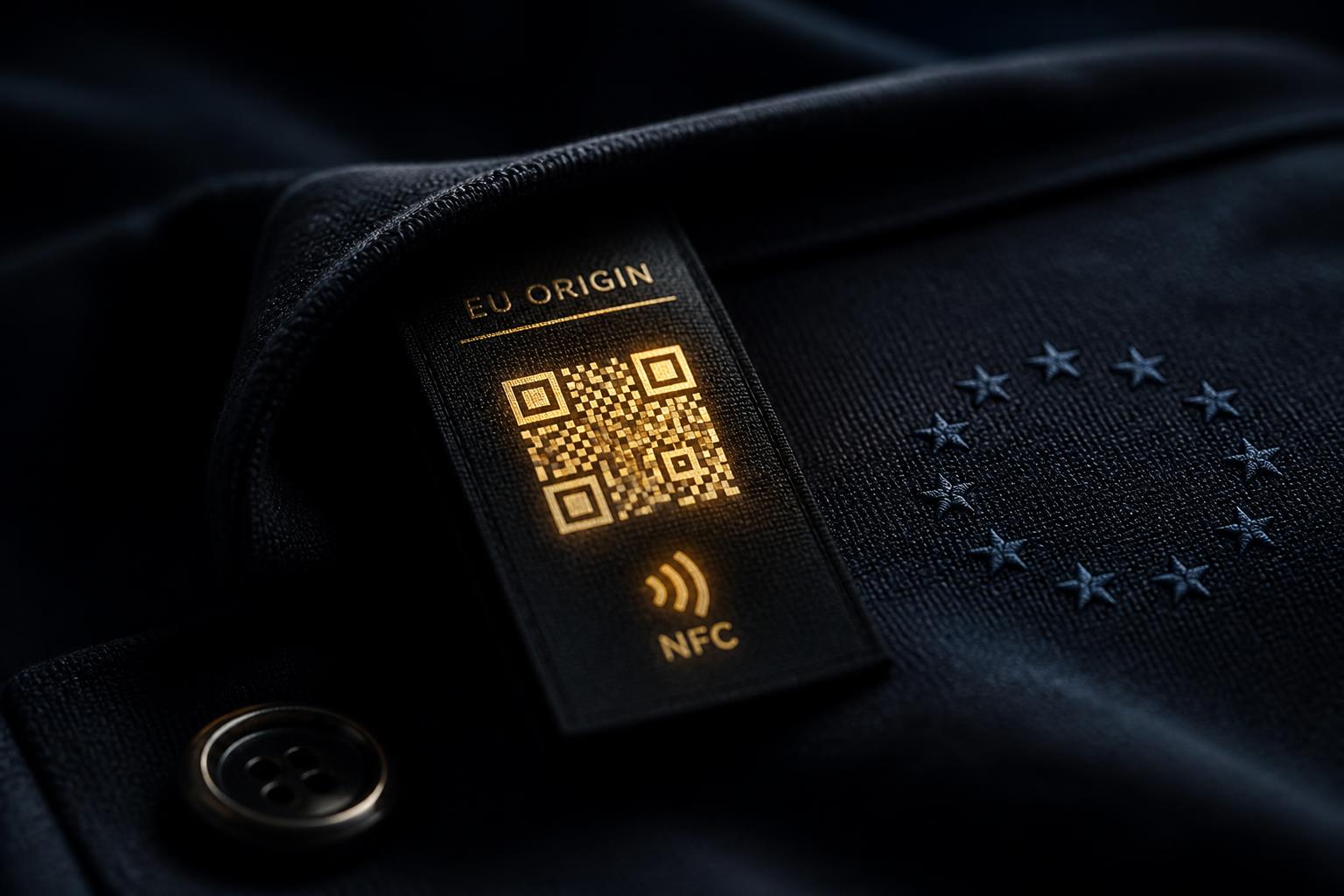 A premium garment label with a glowing gold QR code and NFC symbol, EU stars embroidered into the dark fabric.