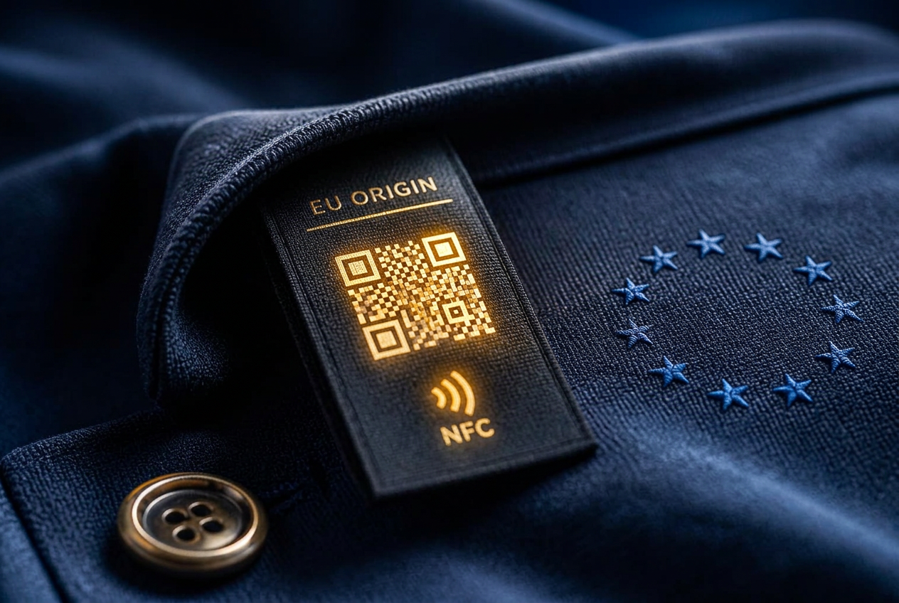 A premium garment label with a glowing gold QR code and NFC symbol, EU stars embroidered into the dark fabric.