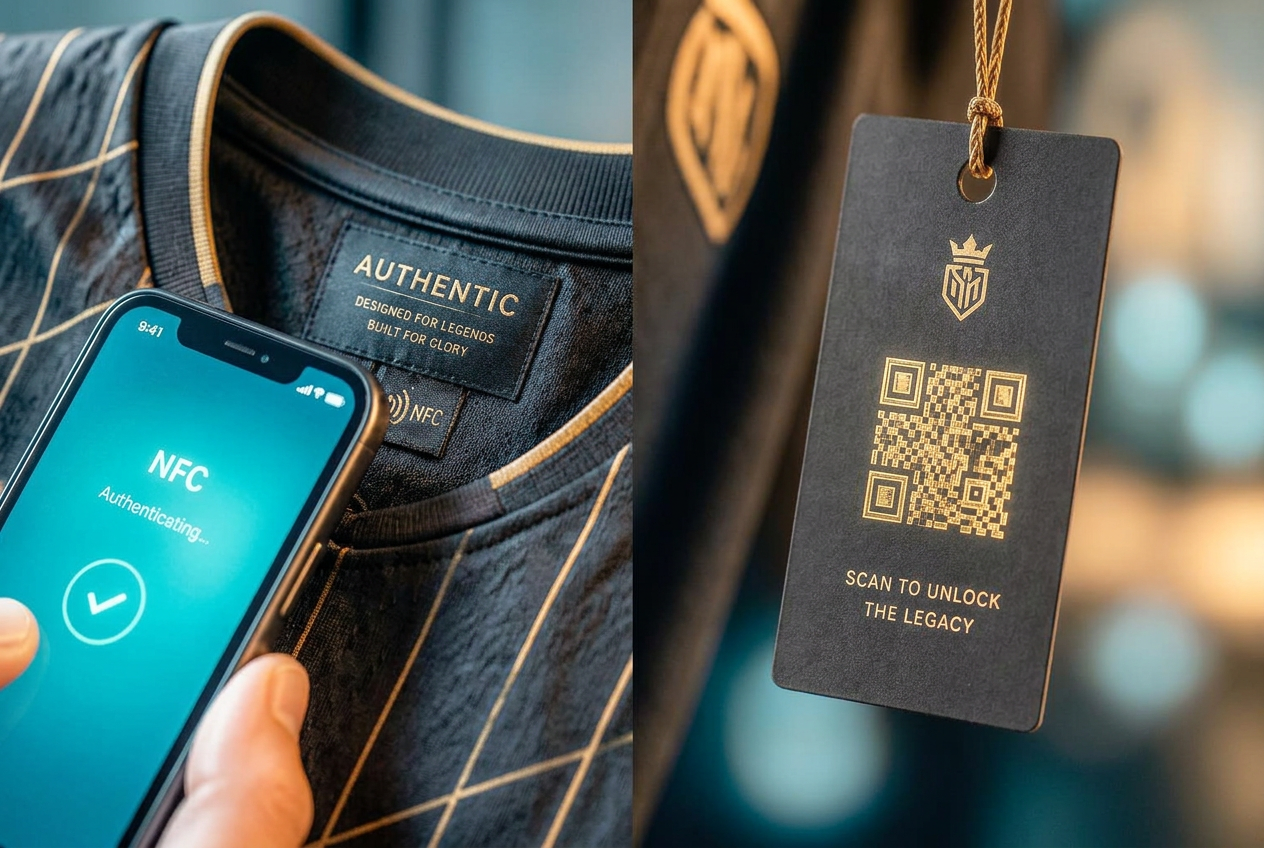 Split composition: a phone tapping an NFC-enabled jersey label on one side, a glowing QR code hangtag on the other.