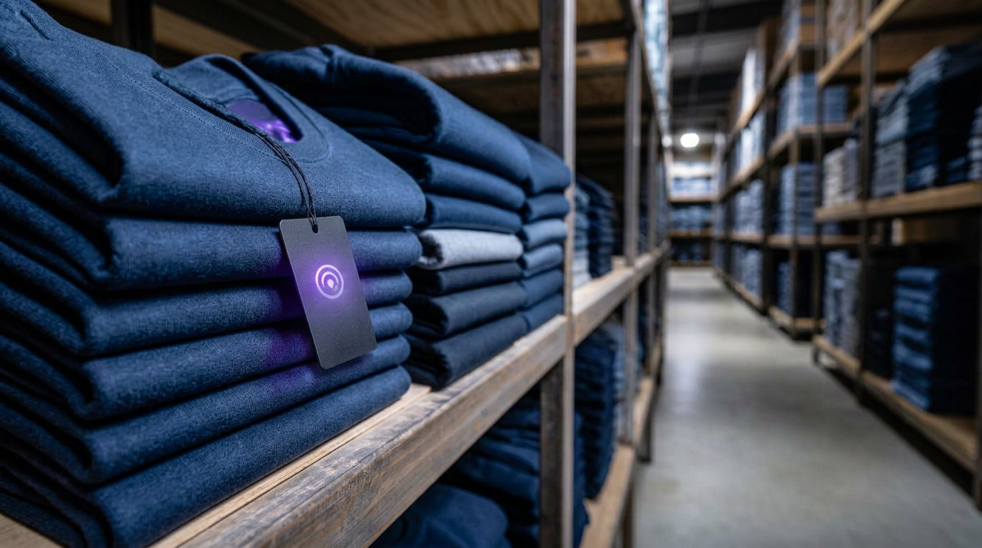 Stacked unsold folded garments in a dim warehouse aisle, one swing tag glowing violet with an NFC symbol.