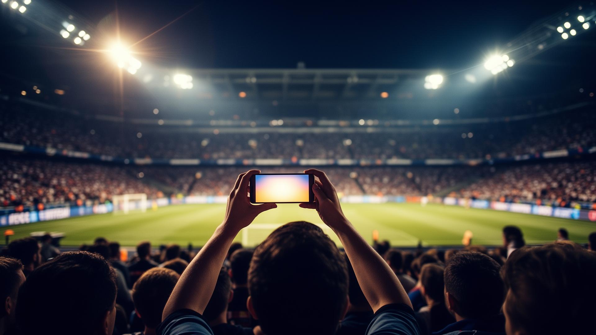 A fan in a packed stadium holding up a glowing phone with sponsor boards in the background.