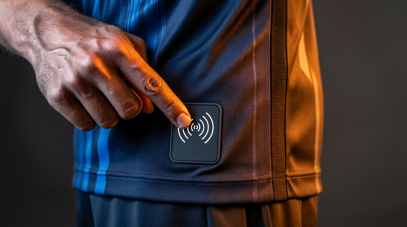 A fan tapping their phone to an NFC patch embedded on a football jersey hem.