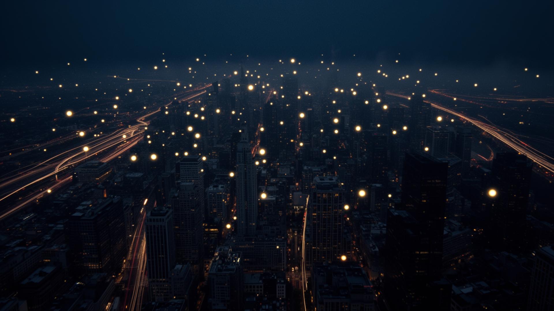 Aerial night view of a city scattered with glowing pin-points representing fans worldwide.