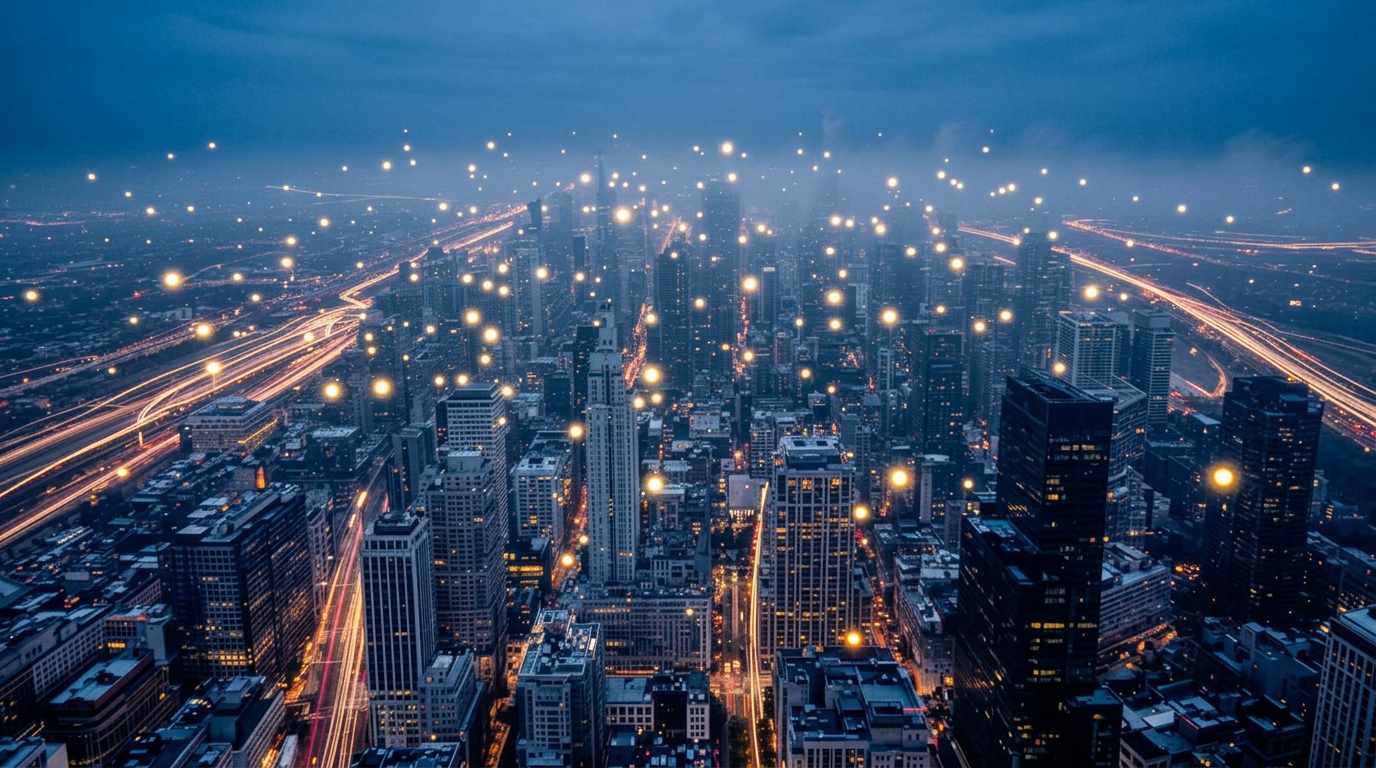 Aerial night view of a city scattered with glowing pin-points representing fans worldwide.