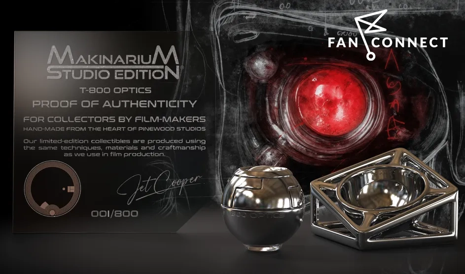 Makinarium Studio Edition T-800 Optics collectible beside its NFC proof of authenticity plaque