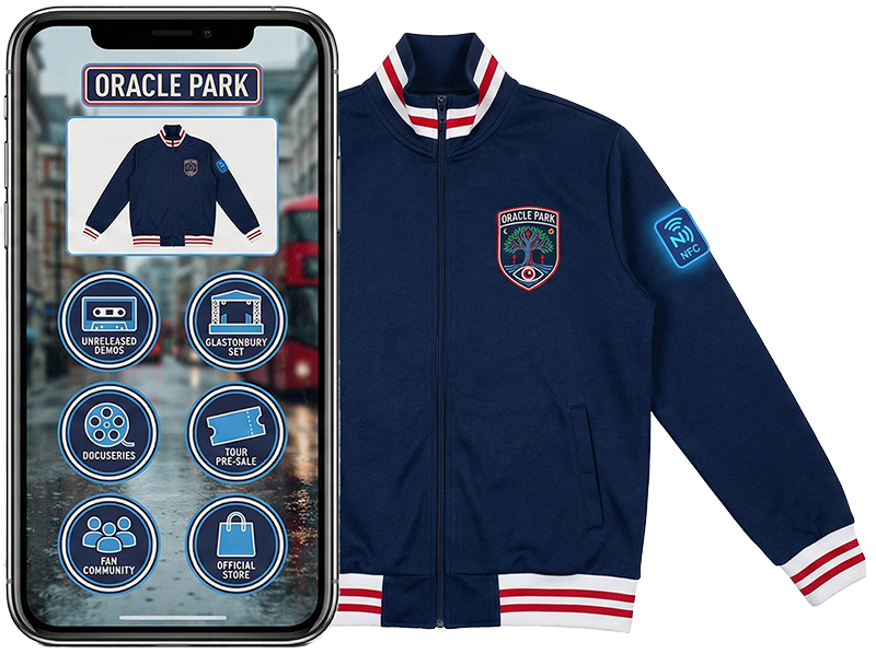 Connected Britpop jacket with its fan experience on a phone