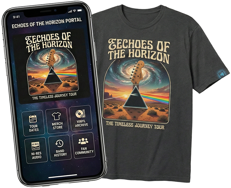 Connected classic-rock tour shirt with its fan experience on a phone