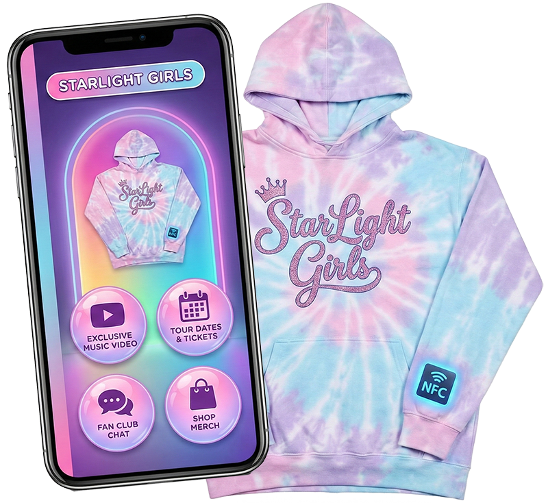 Connected pop artist hoodie with its fan experience on a phone
