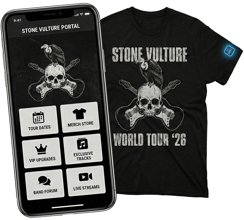 Connected rock tour shirt with its fan experience on a phone