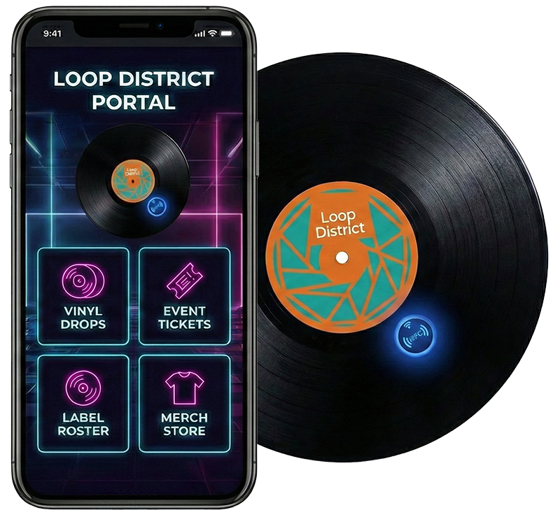 Connected vinyl record with its digital fan portal on a phone