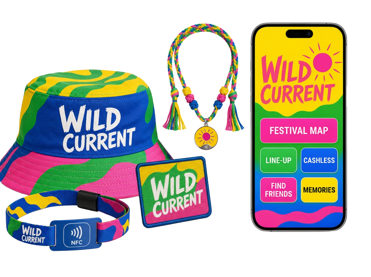 Wild Current festival wristband, hat and accessories beside a phone showing festival actions