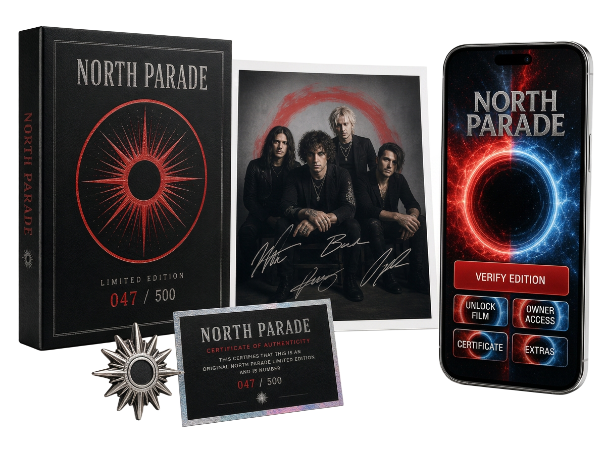 Numbered North Parade collector box and authenticity certificate beside its owner portal