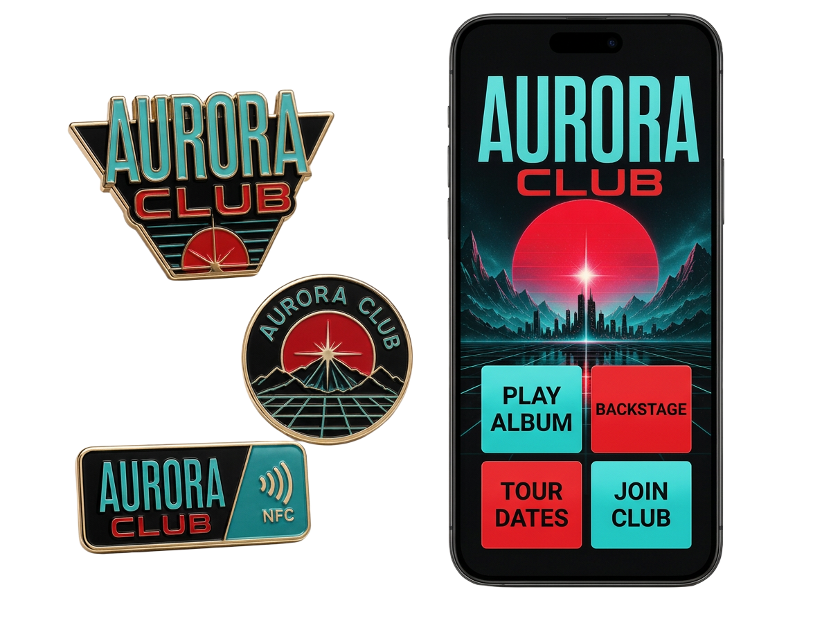 Aurora Club NFC enamel pin badges beside a phone showing the connected artist portal