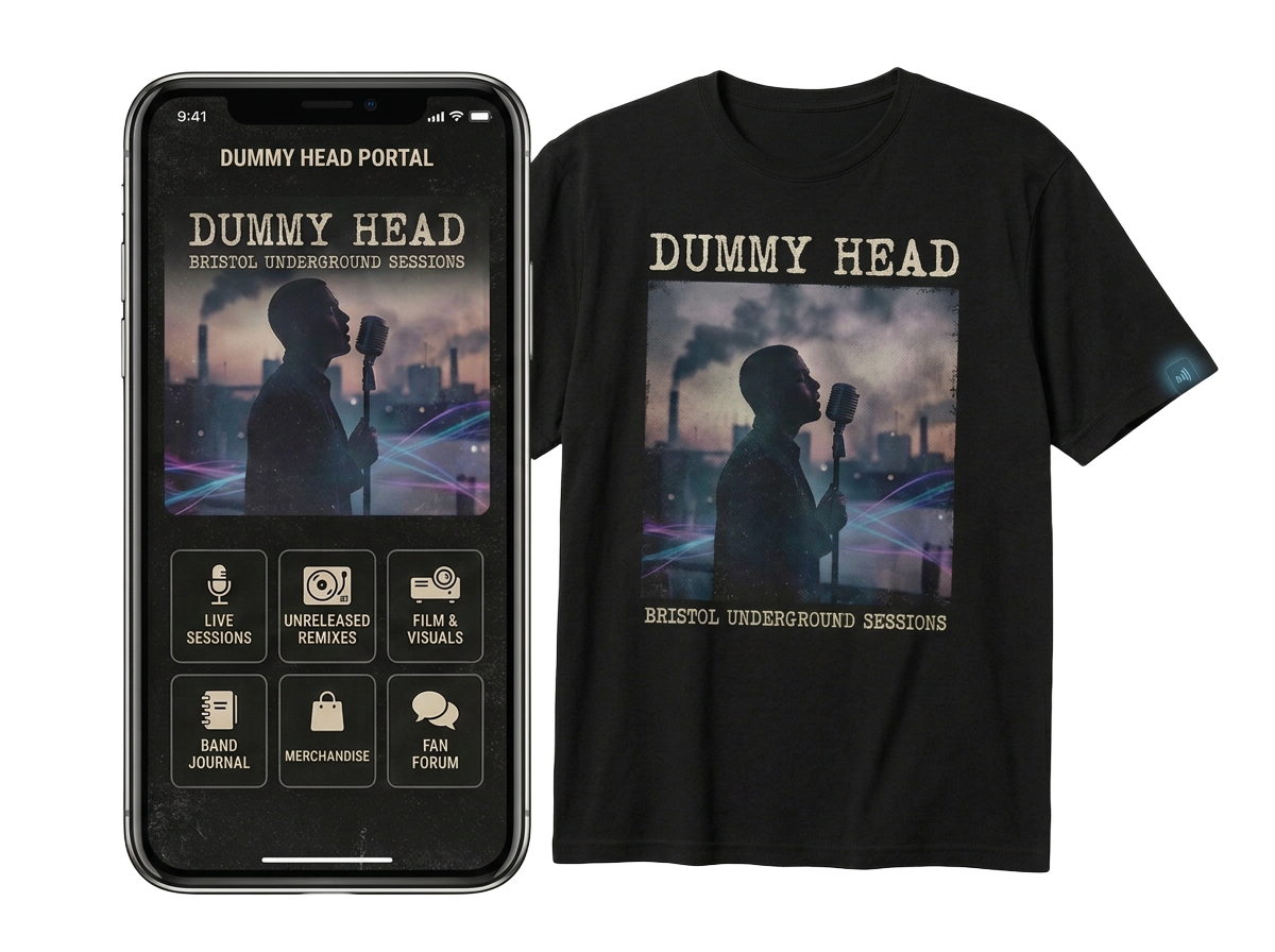 Dummy Head connected tour T-shirt beside a complete phone showing its fan portal