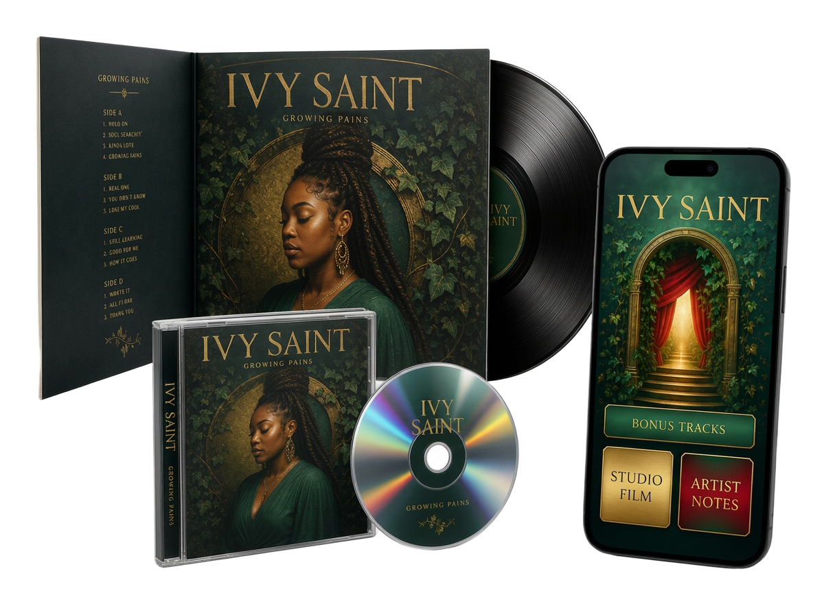 Ivy Saint vinyl record and compact disc beside a phone showing bonus music content