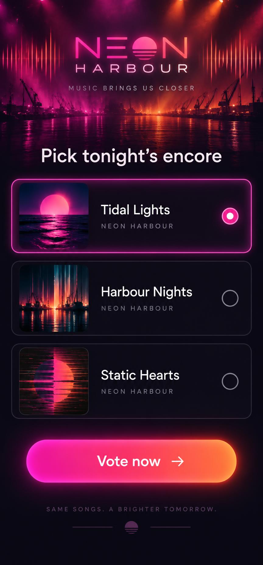 Neon Harbour encore vote portal with three song cards and a Vote now button