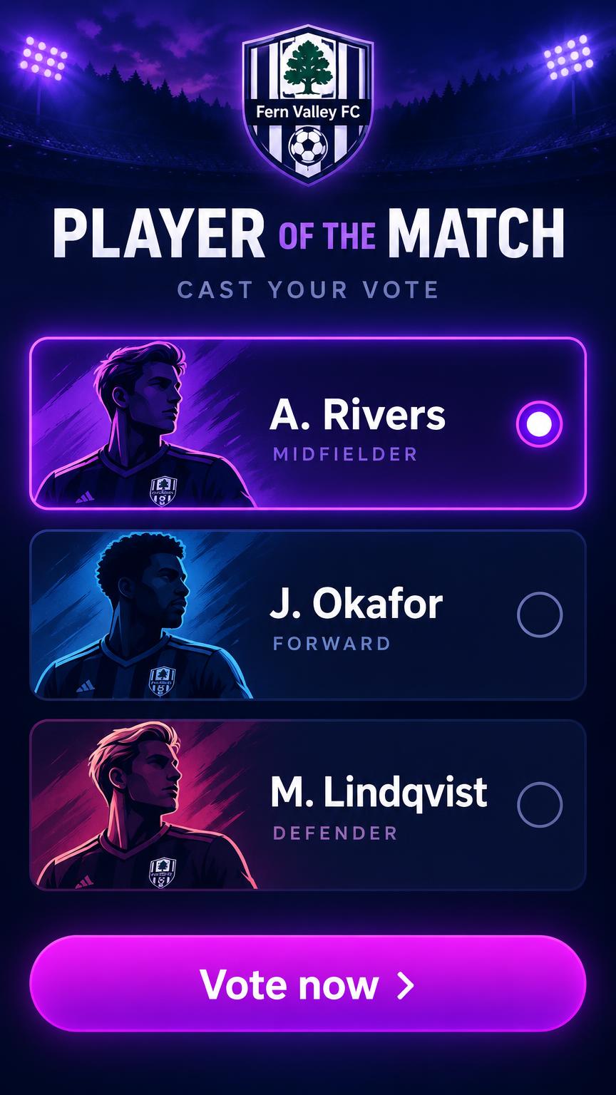 Player of the Match vote portal with three player cards and a Vote now button