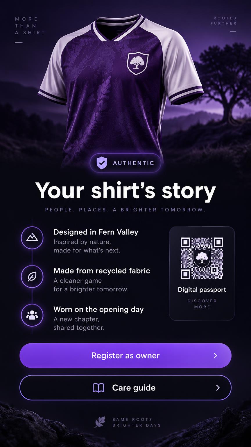 Club shirt story portal with an authentic badge and Register as owner button
