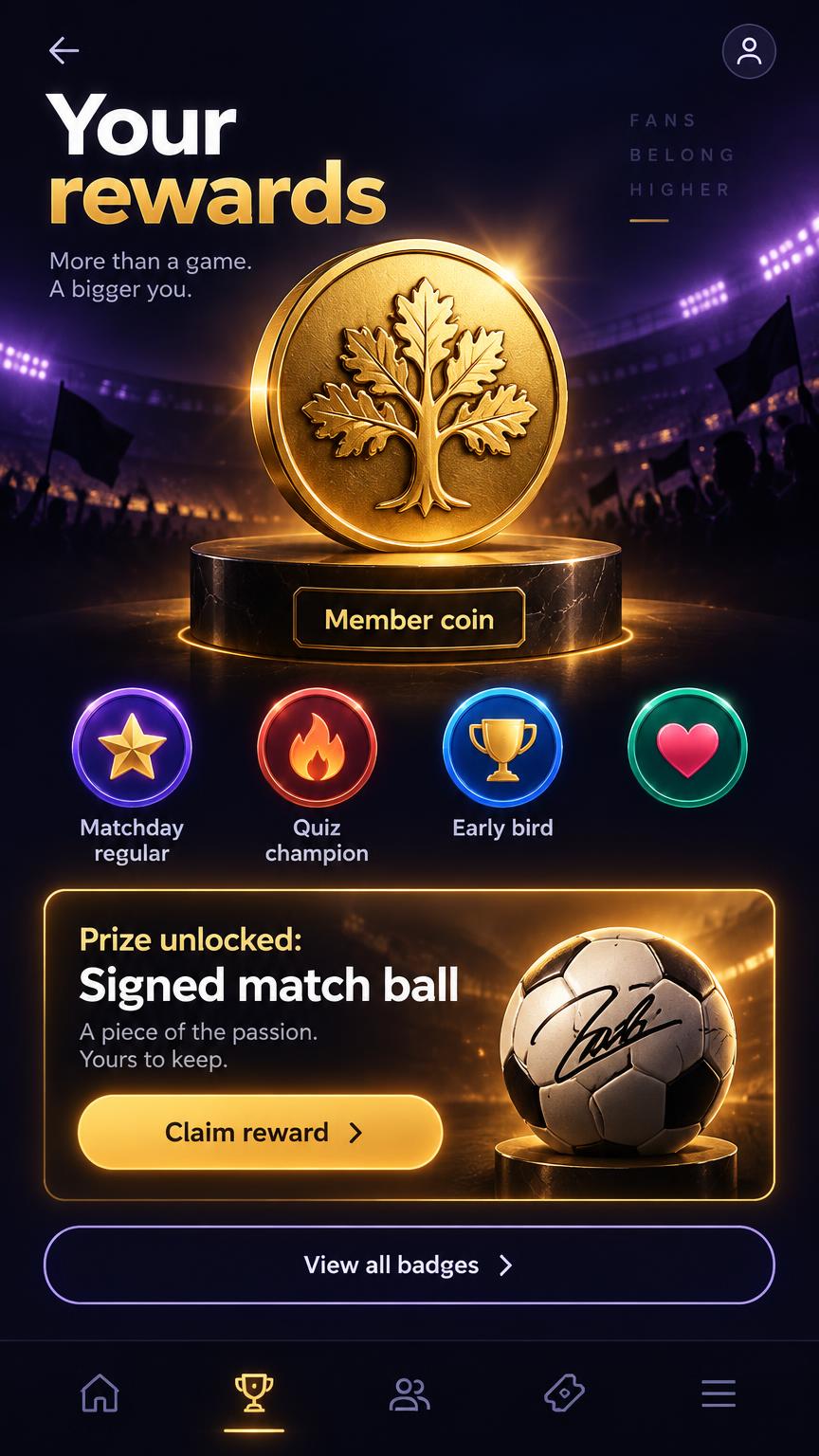 Rewards portal with a gold member coin, badges and an unlocked prize