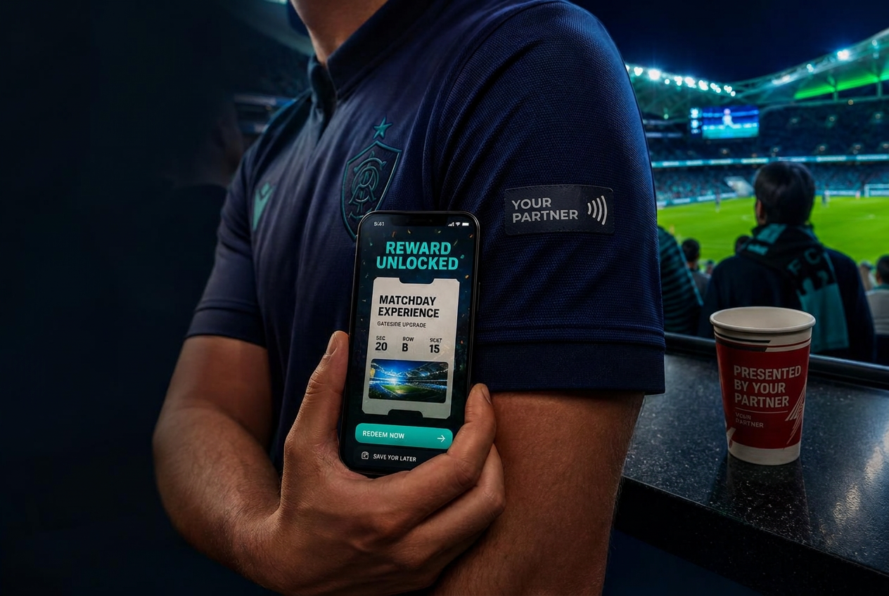 Supporter tapping an NFC sleeve patch to unlock a matchday reward beside a stadium cup