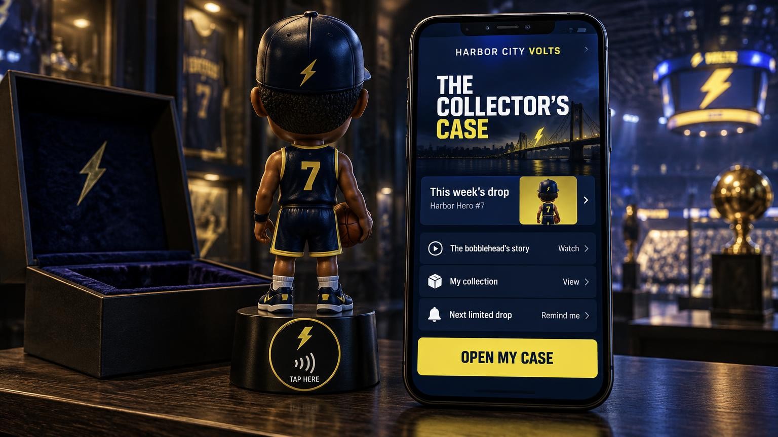 A large phone showing a Harbor City Volts collector's case portal with this week's drop, the bobblehead's story, my collection, next limited drop and an open my case button, beside a bobblehead on a display base with a branded tap-here plaque and its collector's box