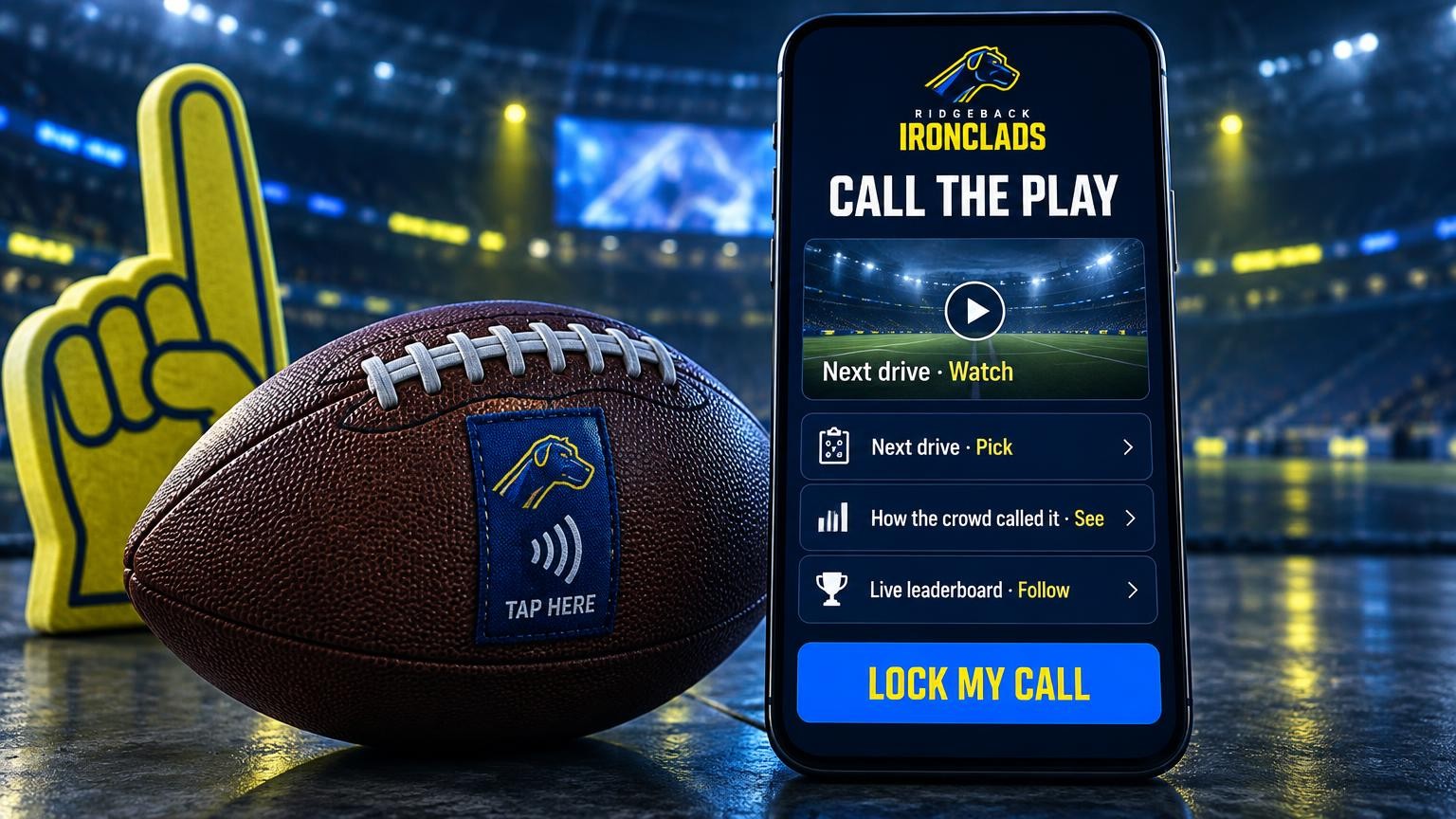 A large phone showing a Ridgback Ironclads Call the Play portal with a next drive clip, next drive pick, how the crowd called it, live leaderboard and a lock my call button, beside a leather American football with a branded tap-here woven tab and a volt-yellow foam finger