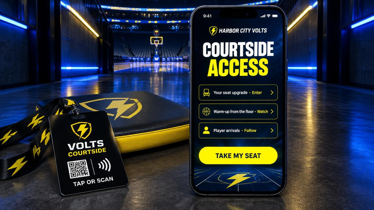 A large phone showing a Courtside Access portal with a seat upgrade, warm-up from the court and the walk-out tunnel and a claim my seat button, beside a Harbor City Volts courtside pass on a bolt-pattern lanyard with a branded tap-or-scan label and a seat cushion