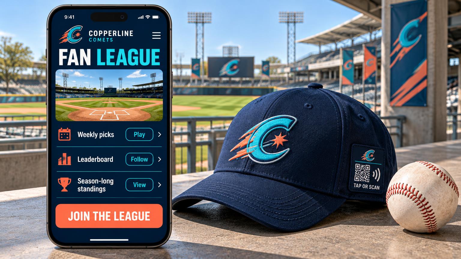 A large phone showing a Copperline Comets Fan League portal with weekly picks, a leaderboard, season-long standings and a join the league button, beside a navy baseball cap with a branded tap-or-scan woven label and a baseball at a sunny empty ballpark