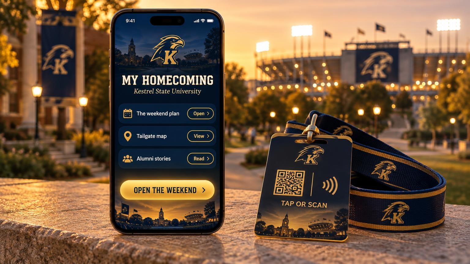 A large phone showing a Kestrel State University My Homecoming portal with the weekend plan, tailgate map, alumni stories and an open the weekend button, beside a hard-plastic homecoming pass on a navy and gold lanyard with a branded tap-or-scan panel on a campus ledge at sunset