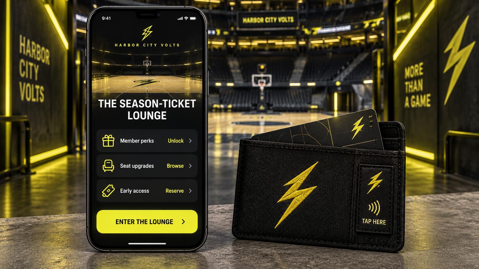 A large phone showing the Harbor City Volts season-ticket lounge with member perks, seat upgrades, early access and an enter the lounge button, beside a black season-ticket wallet with a branded tap-here woven label and a member card in an empty yellow-lit basketball arena