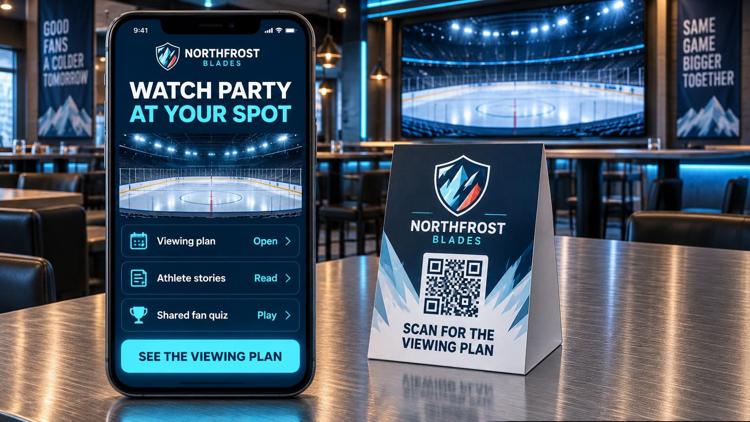 A large phone showing a Northfrost Blades Watch Party at Your Spot portal with a viewing plan, athlete stories and a shared fan quiz behind a see the viewing plan button, beside a branded table card with a scan-for-the-viewing-plan QR label on a bar table