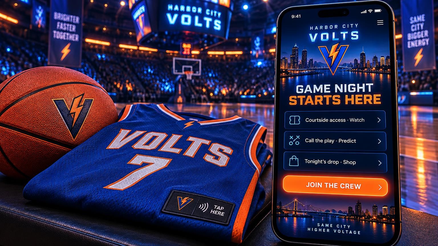 A large phone showing a fictional Harbor City Volts game-night portal with courtside access, call the play, tonight's drop and join the crew, beside a Volts number 7 basketball jersey with a branded tap-here label and a basketball under neon arena lights